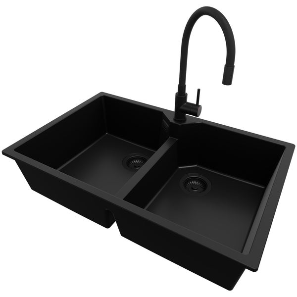 PRIMAGRAN Granitspüle Alles Schwarz 78x50cm, Spülbecken 2 Becken + Küchenarmatur 40x38cm + Ablauf-Set, Küchenspüle ab 80er Unterschrank - Madrid Twin