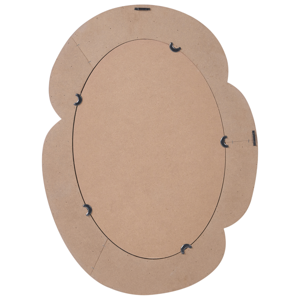 Rückseite eines wellenförmigen Spiegels aus Holzfaserplatte mit Wandhalterungen und Drehklammern.