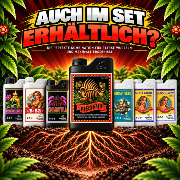 Set mit Advanced Nutrients Pflanzendüngern und Zusatzstoffen zur Förderung der Wurzelbildung und optimalen Nährstoffversorgung von Pflanzen.