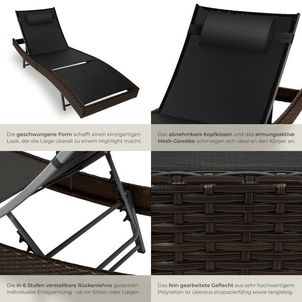 Rattan Sonnenliege tectake Moana 69 x 211 x 41 - 94 cm widerstandsfähig und UV-beständig braun gemischt