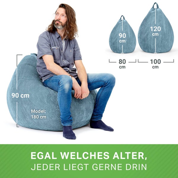 Green Bean Indoor Sitzsack 90x110cm EPS-Perlen Füllung & Cordstoff Kuschelig Weich Waschbar - Drinnen Bodenkissen Liegekissen Sitzkissen Sitzhocker Relax-Sessel Kinder Erwachsene Stoff Hellblau