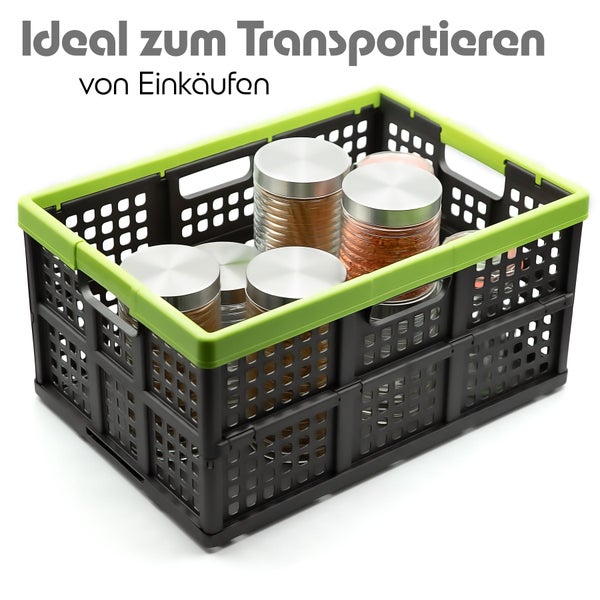 Faltbare Kunststoffbox mit Tragegriffen für den Transport von Einkäufen.