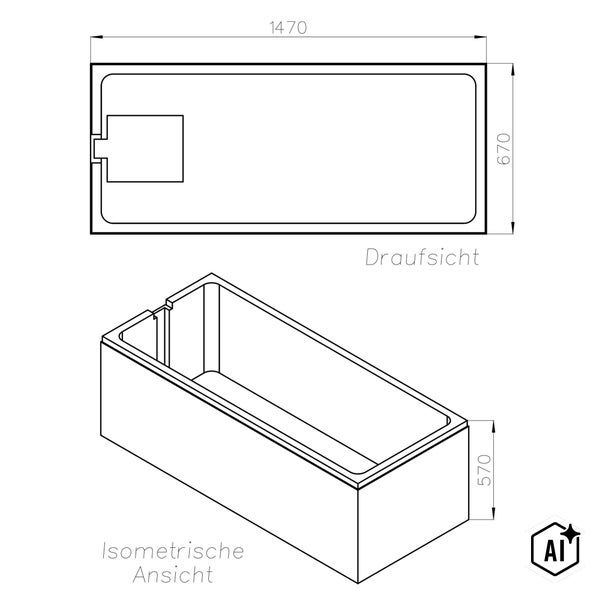 Technische Zeichnung einer Badewanne mit Maßen von 1470 mal 670 mal 570 Millimetern in Draufsicht und isometrischer Ansicht