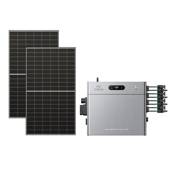 Balkonkraftwerk Set bestehend aus zwei Solarmodulen und einem Zendure SolarFlow 2400 Pro Energiespeicher mit Anschlüssen.