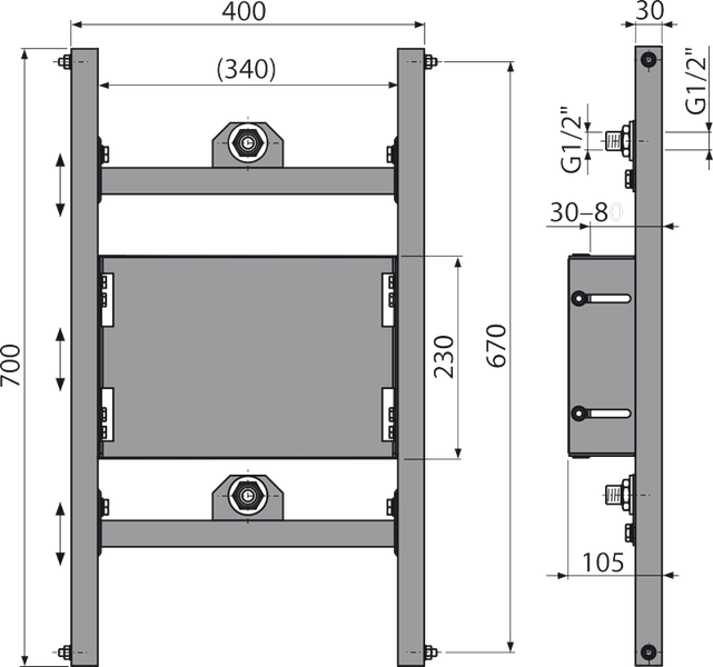 Technische Zeichnung eines Montageelements mit Maßangaben in Millimeter: Breite 400, Höhe 700 und G 1/2 Zoll Anschlüssen.