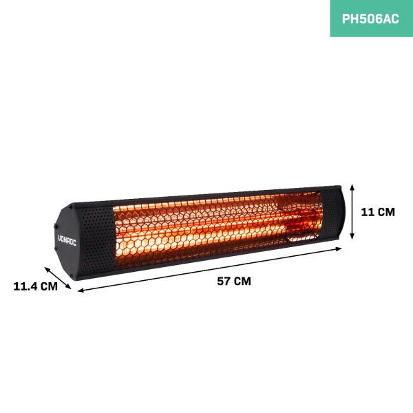 Vonroc Logo auf einem elektrischen Terrassenstrahler PH506AC mit 57 Zentimeter Länge, 11 Zentimeter Höhe und 11,4 Zentimeter Tiefe.