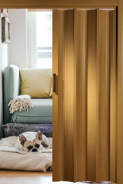 Holz Schiebetür teilweise geöffnet mit Hund im Hintergrund