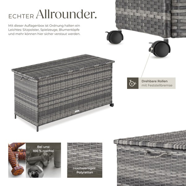 Graue Garten-Auflagenbox aus Polyrattan mit lenkbaren Rollen, Feststellbremse und 100 Prozent rostfreien Schrauben zur Aufbewahrung.