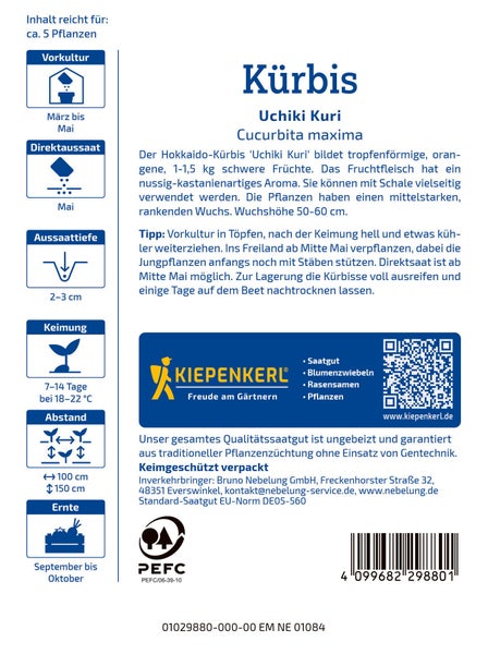 Saatguttüte Kürbis Uchiki Kuri von Kiepenkerl mit Pflanzanleitung und Angaben zu Aussaat und Erntezeit