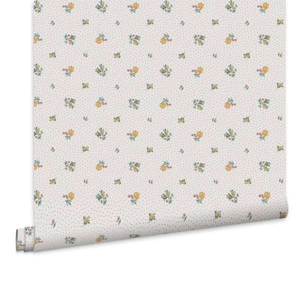 Tapete mit Streublumenmuster und kleinen Punkten in klassischem Landhausstil