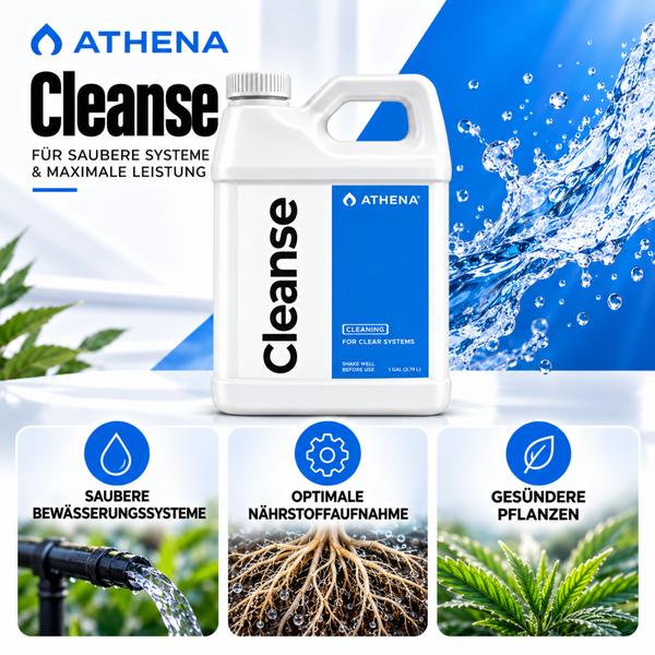 Athena Cleanse Reinigungsmittel für Bewässerungssysteme in einem 3,79 Liter Kanister zur Nährstoffaufnahme und Pflanzengesundheit.
