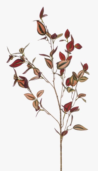 Künstlicher Zweig mit rot-grün gestreiften Blättern.