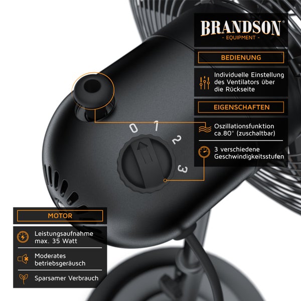 Brandson Standventilator 30 cm, 80° oszillierend, mobiler Lüfter, Standfuß höhenverstellbar, 3 Leistungsstufen, GS, Neigungswinkel 30° (verstellbar)