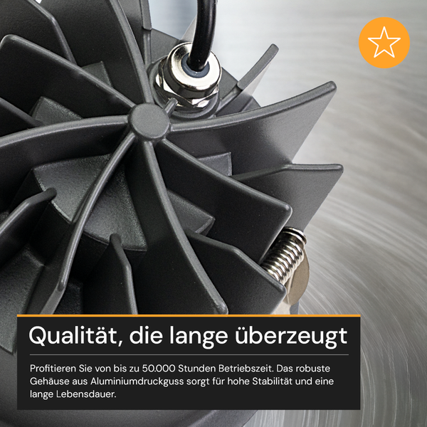 Nahaufnahme eines Gehäuses aus Aluminiumdruckguss mit Kühlrippen für eine Betriebsdauer von bis zu 50.000 Stunden.