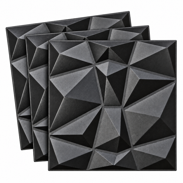 Drei quadratische Wandpaneele mit geometrischem 3D Relief aus Kunststoff für die Wandgestaltung.