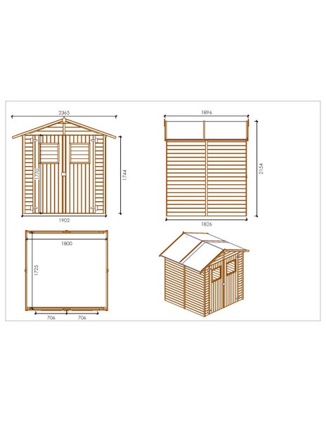 Maßzeichnung für ein Gartenhaus aus Holz mit Vorderansicht, Seitenansicht, Grundriss und dreidimensionaler Ansicht mit detaillierten Abmessungen.