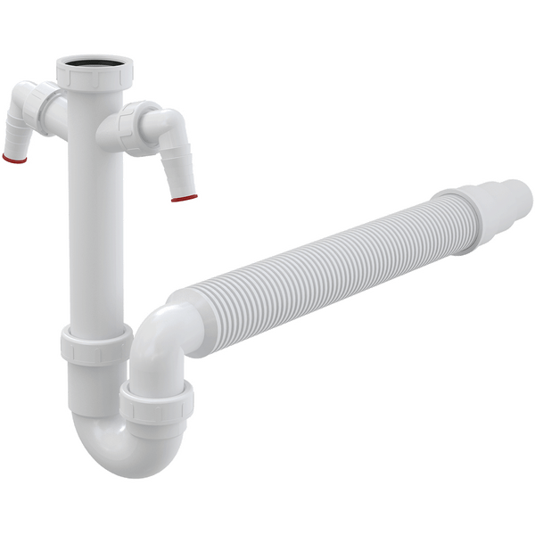 Kunststoff Siphon für Spüle mit zwei Geräteanschlüssen und flexiblem Abflussrohr