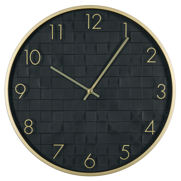 Runde Wanduhr mit quadratischem Kachelmuster, Ziffernblatt mit arabischen Ziffern und filigranen Zeigern, moderner Stil.