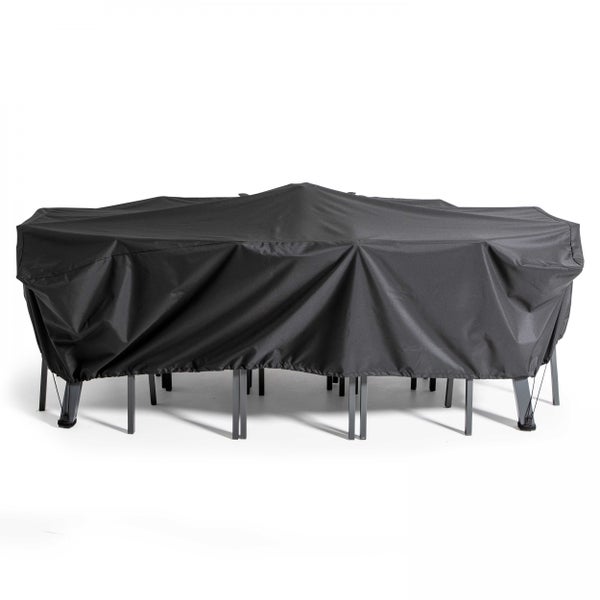 Schwarze Schutzhülle für Gartenmöbel-Sitzgruppen, aus wetterfestem Material, für Tisch und Stühle.