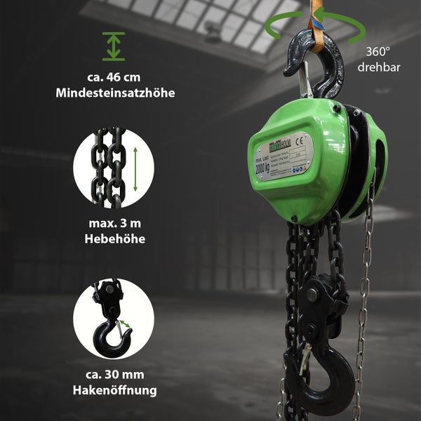 Kettenzug mit einer maximalen Traglast von 2000 Kilogramm und einer maximalen Hubhöhe von 3 Metern