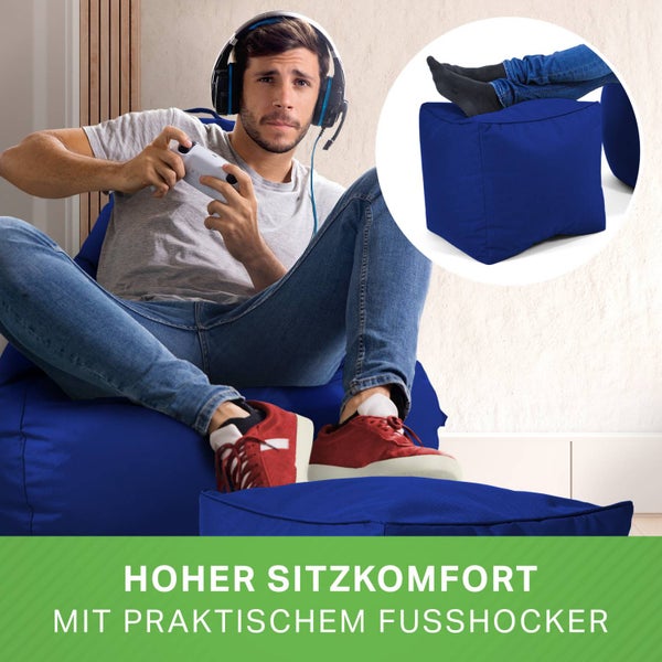 Green Bean 2er Set Sitzsack + Hocker - fertig befüllt - robust waschbar schmutzabweisend - Kinder & Erwachsene Bean Bag Bodenkissen Lounge Sitzhocker Relax-Sessel Gamer Gamingstuhl Pouf - Blau
