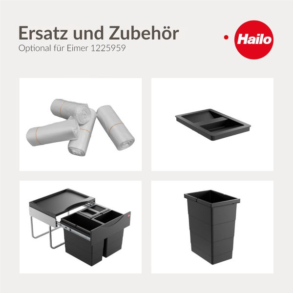 Hailo Logo, Ersatzteile und Zubehör für Abfalleimer 1225959: Müllbeutel, Einsatzschale, Mülltrennsystem und Inneneimer.