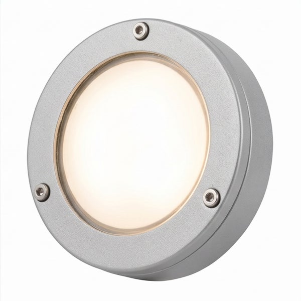 Runde LED Bodeneinbauleuchte für den Außenbereich mit Metallgehäuse und drei sichtbaren Schrauben.