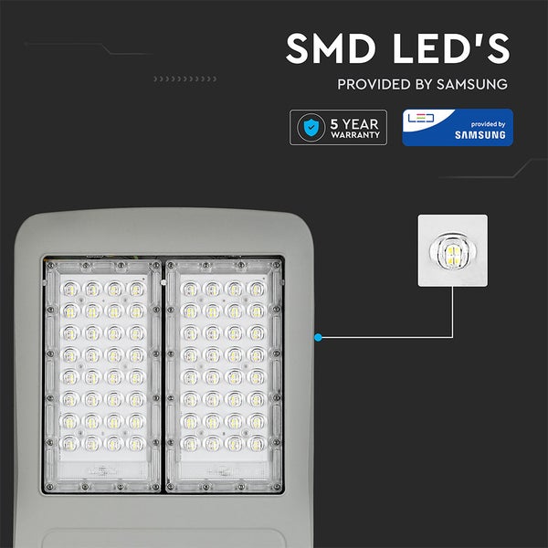 LED-Außenleuchte mit Samsung SMD-LEDs, Detailansicht eines LED-Chips, 5 Jahre Garantie und Samsung Logo.