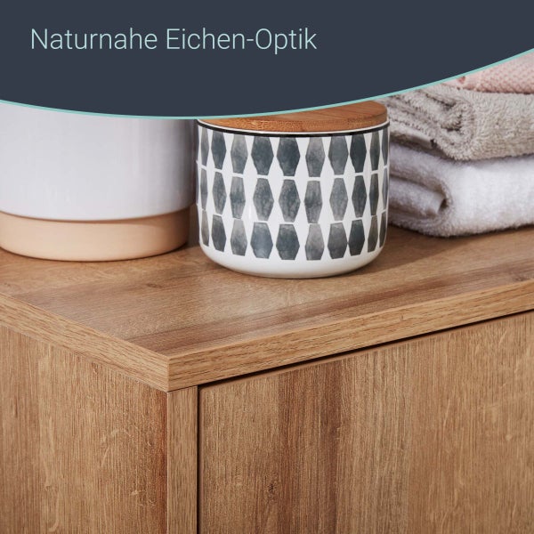 FACKELMANN FINN Badmöbel Set 3 Teile / Waschbecken / Waschbeckenunterschrank / 4 Holzfüße / Badschrank mit Push-to-Open / Korpus & Front: Braun hell / Rahmendekor & Füße: Braun hell / Breite: 60 cm