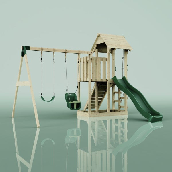Spielplatz mit Schaukeln, Kletterturm und Rutsche