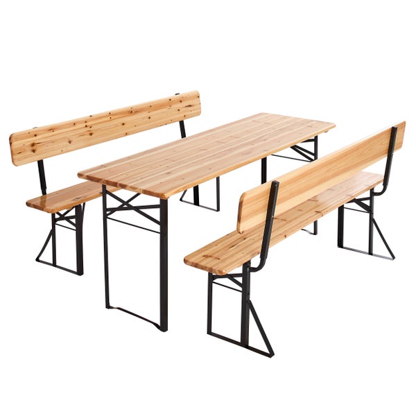 Festzeltgarnitur mit Rückenlehne, bestehend aus einem Tisch und zwei Bänken aus hellem Holz mit schwarzem Metallgestell.