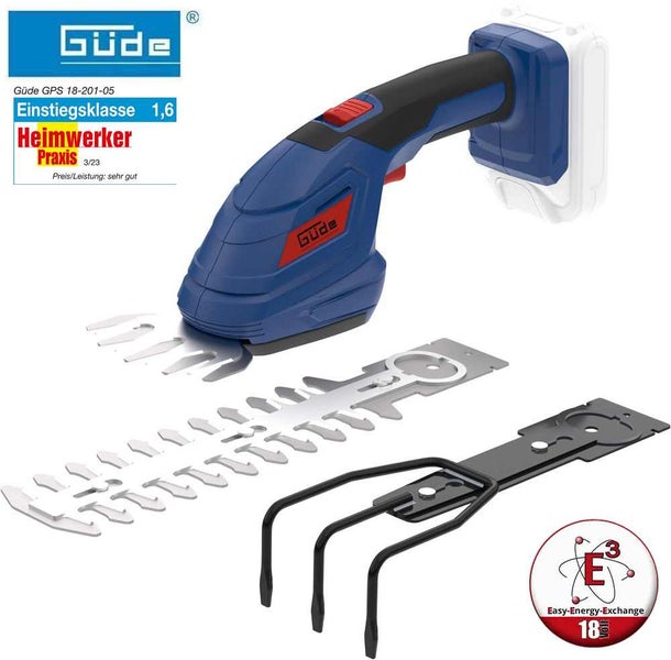 Güde Akku-Gras- und Strauchschere GPS 18-201-05 mit austauschbaren Aufsätzen für Gras und Sträucher, betrieben mit 18 Volt.