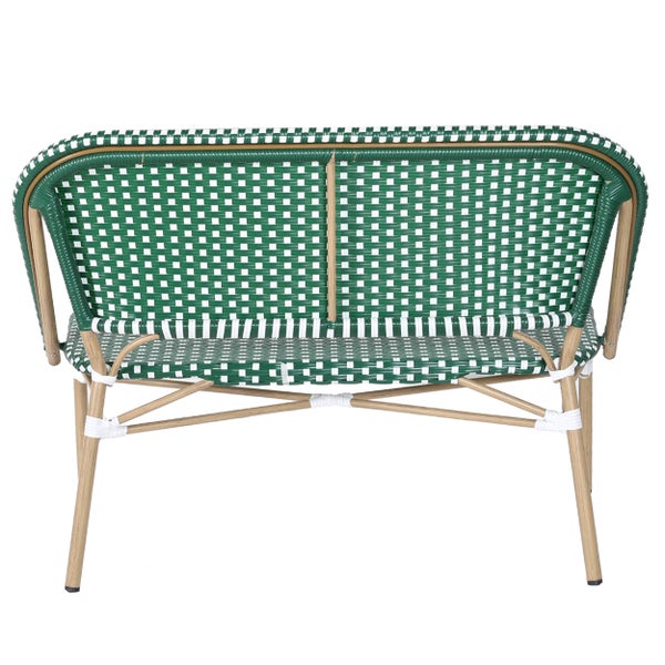 Gartenbank im Bistrostil mit grünem und weißem Geflecht und Gestell in Holzoptik, Rückansicht.