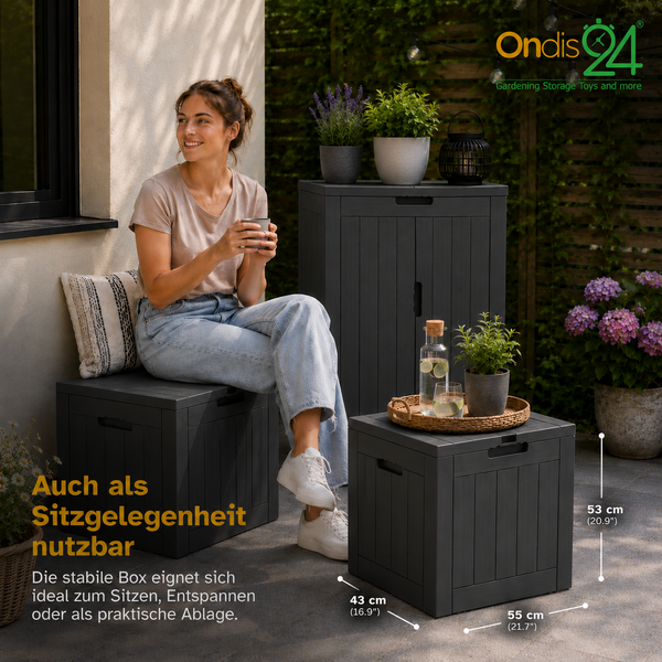 Ondis24 Logo. Garten-Aufbewahrungsbox in Holzoptik, genutzt als Sitzgelegenheit und Beistelltisch. Maße 53 mal 55 mal 43 Zentimeter.