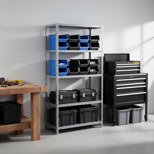 Organisierte Werkstatt mit einem Metallregal voller Lagerboxen, einer Werkbank aus Holz und einem fahrbaren Werkstattwagen.