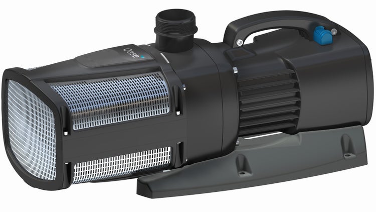 Schwarze Oase Teichpumpe für Filter und Bachläufe aus Kunststoff mit Tragegriff und Filtergehäuse.