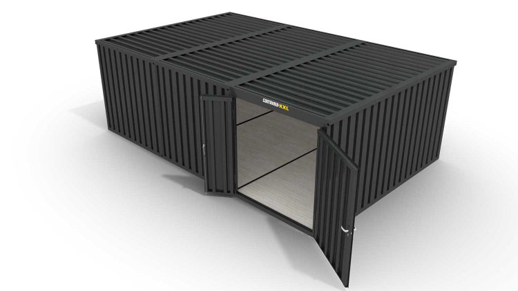 Lagercontainer Gerätehaus XL3  – 32 qm, H2150 x B5080 x T6520 mm, Außenwandlackierung anthrazit, Dach außen verzinkt, mit Holzfußboden, 1830 mm Doppelflügeltür mittig in Modul D, montiert