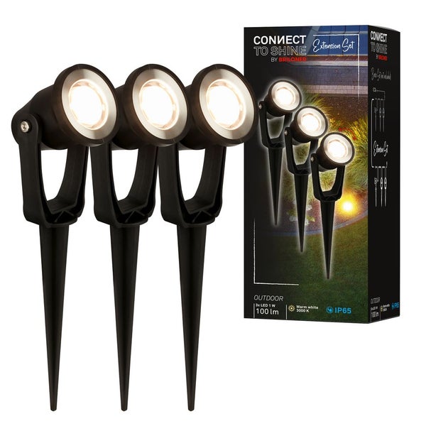 Dreiteiliges Set LED Gartenstrahler mit Erdspießen, warmweißes Licht, Erweiterungsset für Außenbeleuchtung, Schutzart IP 65, Briloner Logo.