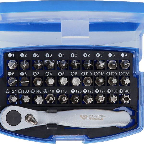 Steckschlüssel-Satz mit Bits in geöffnetem, blauem Kunststoffgehäuse