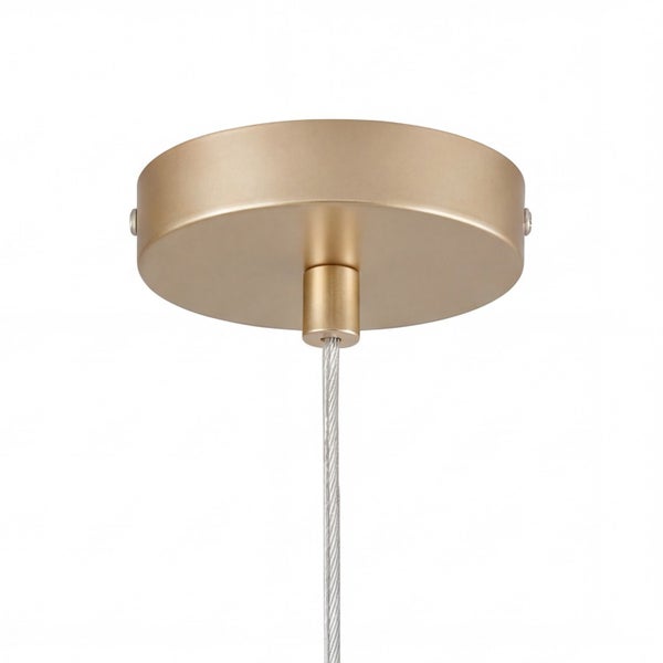 Runder Deckenbaldachin aus goldfarbenem Metall mit Stahlseilaufhängung.