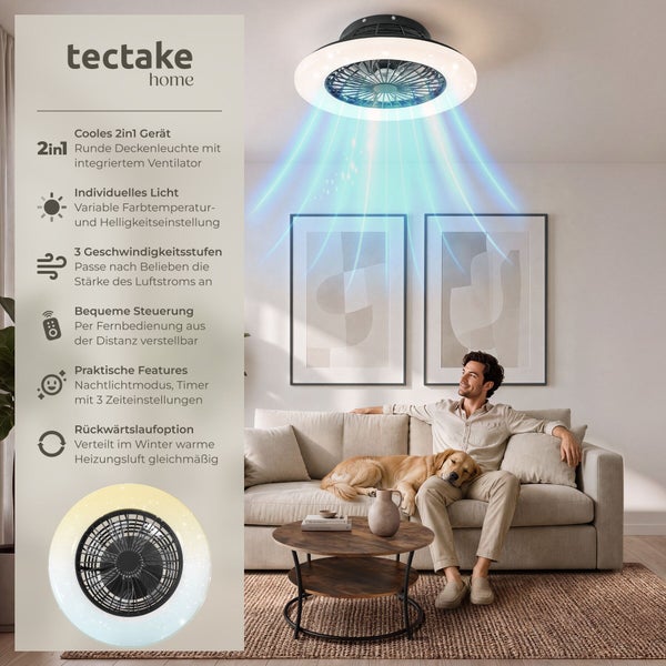 Tectake Home Deckenleuchte mit Ventilator in einem Wohnzimmer mit einem Mann und seinem Hund auf einem Sofa.