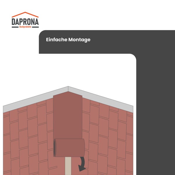 Daprona Logo, Illustration zur einfachen Montage eines Dichtungsbandes auf dem Dachfirst.