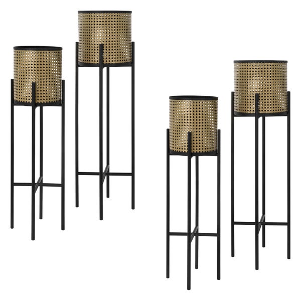 ML-Design Blumenständer 4er Set Schwarz-Gold 16,5x16,5x80,5 cm/19x19x90 cm, Stahl, Blumentopfständer mit Übertopf, Metall Pflanzenständer, Blumentopfhalter 4-tlg, Pflanztopf Blumensäule Blumenhocker