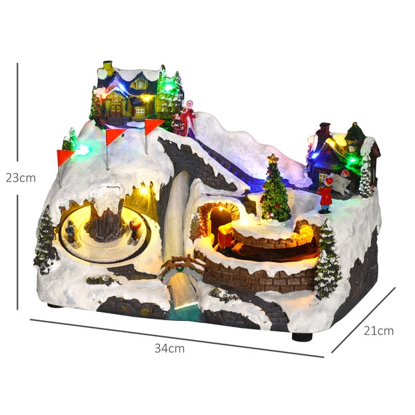 HOMCOM Weihnachtsdorf Weihnachtsstadt mit LED-Leuchtung, Musik, Häuser, Eisläufer, rotierende Eisläufer und beweglicher Zug, Winterlandschaft für Weihnachten, Mehrfarbig