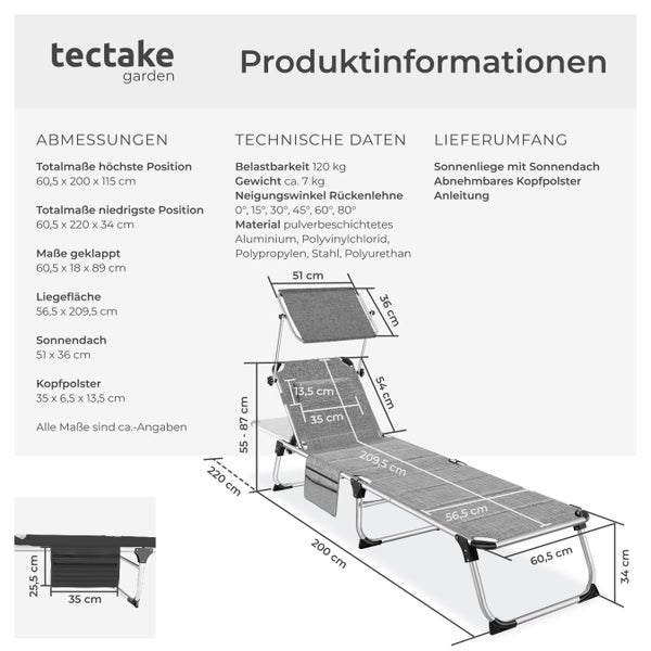 Sonnenliege tectake Lorella 220 x 60,5 x 34 cm, mit Seitentasche  gepolstert, klappbar grau-meliert