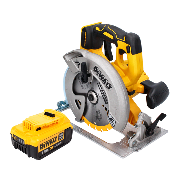 Gelb-schwarze DeWALT Akkumulator-Handkreissäge mit 18 Volt Lithium-Ionen-Akkumulator und silbernem Sägeblatt.