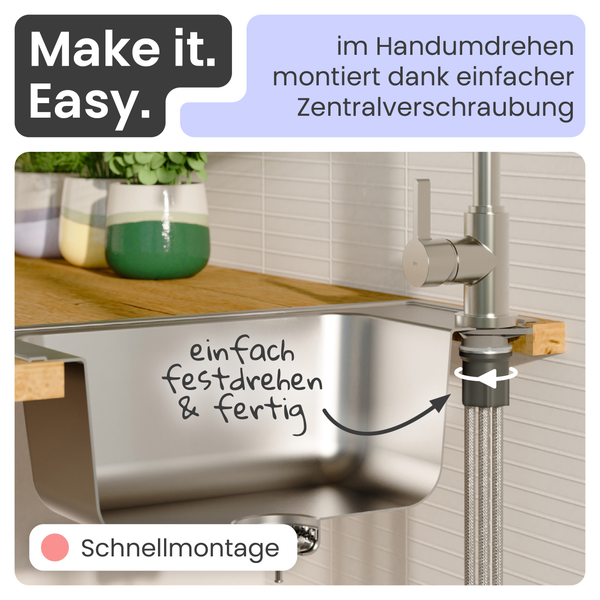 Edelstahlspüle und Küchenarmatur mit Schnellmontagesystem durch einfache Zentralverschraubung unter der Arbeitsplatte.
