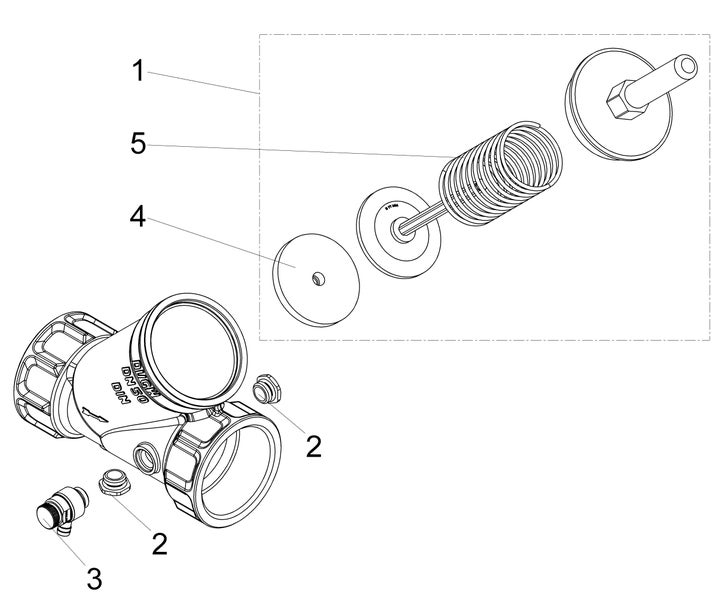 Technische Explosionszeichnung eines Schrägsitzventils Nenndurchmesser 50 mit Einzelteilen wie Feder, Dichtung und Entleerungsventil.