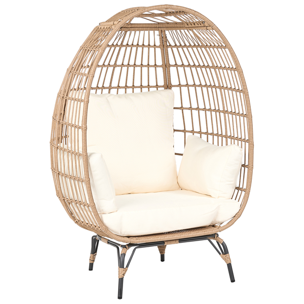 Garten-Loungesessel in Eiform aus naturfarbenem Polyrattan mit cremefarbenen Kissen und schwarzem Metallgestell.