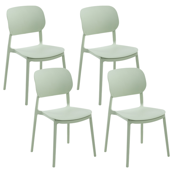Set aus 4 Kunststoffstühlen in Salbeigrün, stapelbar, modernes Design für innen und außen.